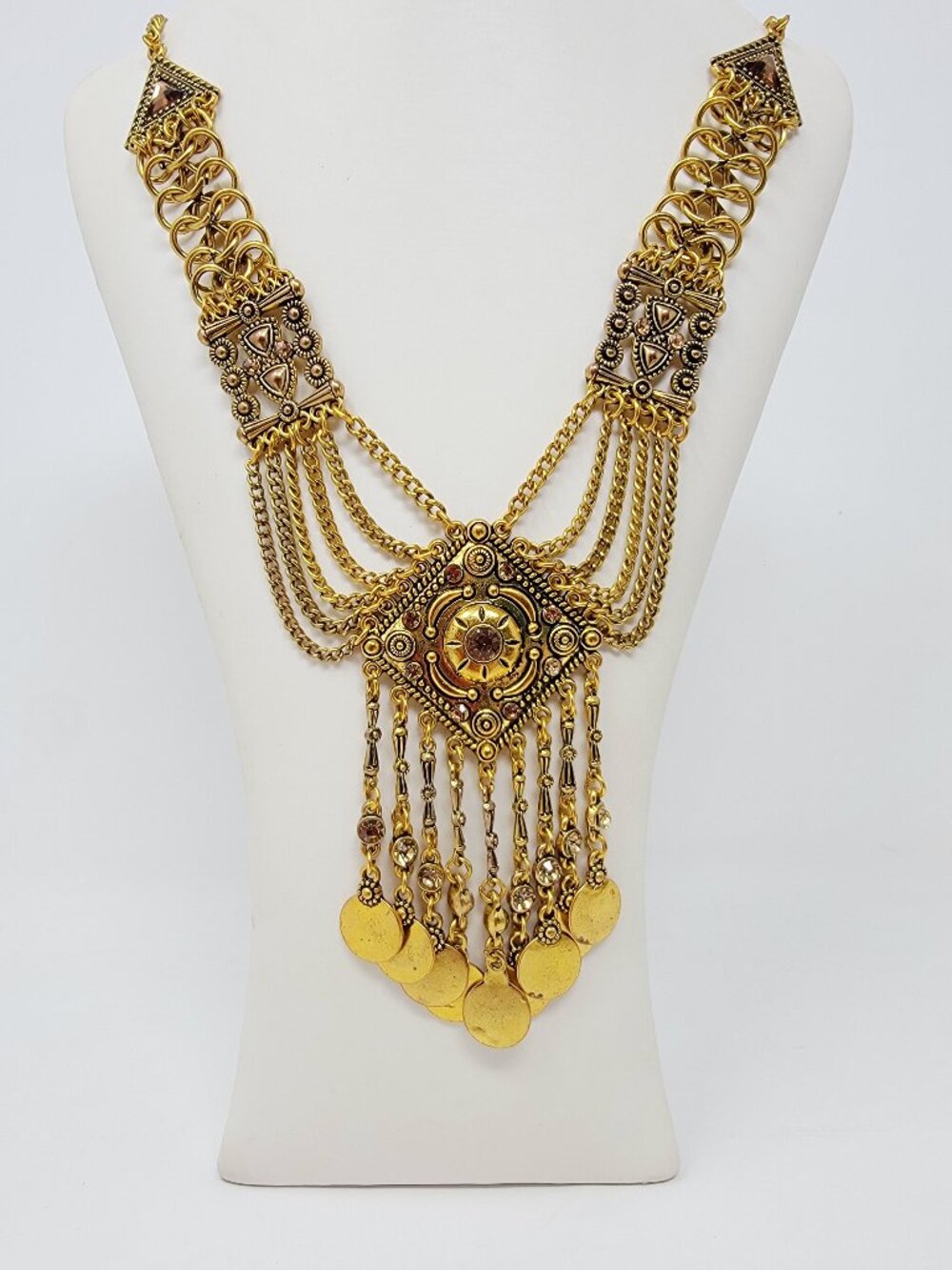 Vintage Boho Gold Tone Rhinestone Fringe Medallion Statement Necklace **READ**